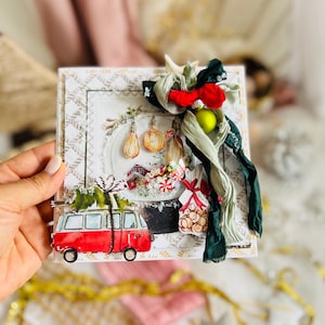 Luxury Handmade Christmas Card – 3D Festive Van and Winter Scene – Unique Holiday Greeting with Ribbon & Ornaments