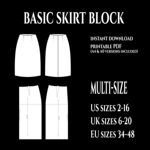 Könnte beinhalten: Ein digitales Schnittmuster für einen Grundrockblock mit mehreren Ansichten und Größen. Das Muster enthält die US-Größen 2-16, UK-Größen 6-20 und EU-Größen 34-48. Der Text "BASIC SKIRT BLOCK" steht oben.