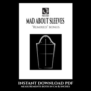 Puede incluir: Una ilustración en blanco y negro de un patrón de manga para coser. El título "Mad About Sleeves" y "Remixed" Bonus están impresos sobre la ilustración. El texto "Descarga instantánea PDF" y "Medidas en cm y pulgadas" están impresos debajo de la ilustración.