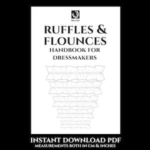Op de afbeelding: Een zwart-witte illustratie van ruches en volants voor naaisters. De handleiding bevat maten in centimeters en inches. De titel van de handleiding is "Ruffles & Flounces Handbook for Dressmakers".