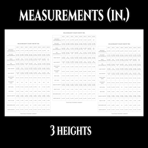 May include: A black and white chart with the title "Measurements (in.)" and a table with the heading "Measurement Chart for Set 3104". The table lists measurements in inches for different body parts, including high bust, full bust, waist, hip, chest width, back waist, front waist, back waist level, bust level, bust span, armhole depth, waist to hip, shoulder slope, sleeve length, and "Anatomically Tailored Garment".