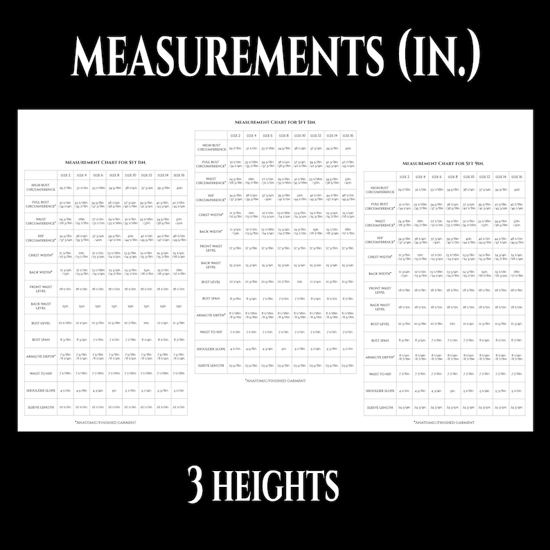 May include: A black and white chart with the title "Measurements (in.)" and a table with the heading "Measurement Chart for Set 3104". The table lists measurements in inches for different body parts, including high bust, full bust, waist, hip, chest width, back waist, front waist, back waist level, bust level, bust span, armhole depth, waist to hip, shoulder slope, sleeve length, and "Anatomically Tailored Garment".
