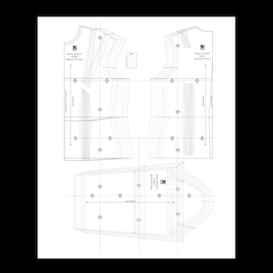May include: A black and white sewing pattern for a basic bodice and sleeve. The pattern includes lines and markings for cutting and sewing.