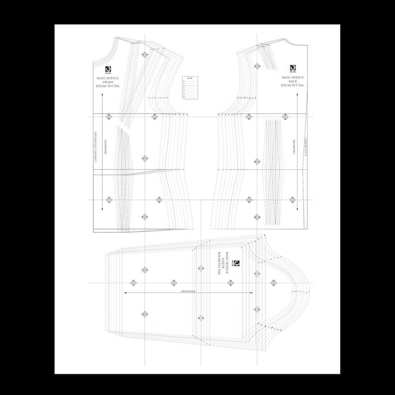 May include: A black and white sewing pattern for a basic bodice and sleeve. The pattern includes lines and markings for cutting and sewing.