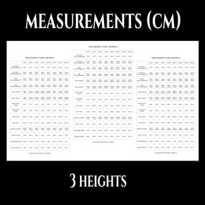 May include: A black and white measurement chart for clothing sizes in centimetres. The chart includes measurements for three different heights: size 2, size 4, and size 6. The measurements include bust circumference, waist circumference, hip circumference, chest width, back waist level, bust level, armhole depth, waist to hip, shoulder slope, sleeve length, and more.