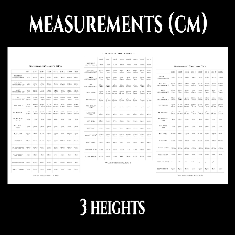 May include: A black and white measurement chart for clothing sizes in centimetres. The chart includes measurements for three different heights: size 2, size 4, and size 6. The measurements include bust circumference, waist circumference, hip circumference, chest width, back waist level, bust level, armhole depth, waist to hip, shoulder slope, sleeve length, and more.