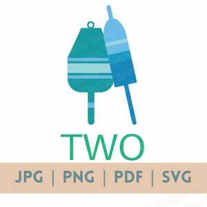 Peut inclure: Graphique numérique avec deux bouées stylisées dans des tons de bleu et de vert d'eau. Le mot "TWO" est écrit en vert en dessous. En dessous du mot "TWO" se trouvent les options de type de fichier : JPG, PNG, PDF et SVG.