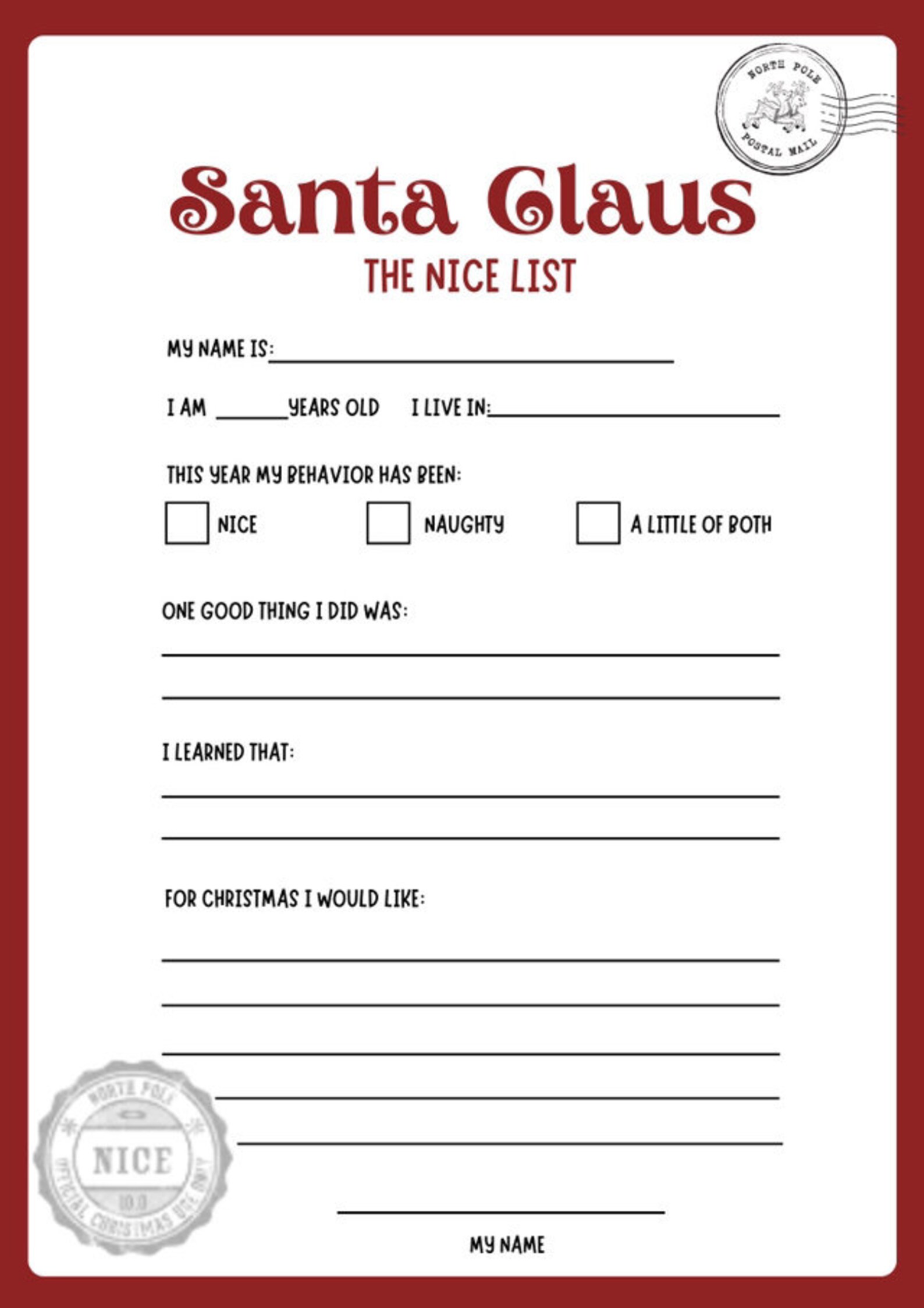 Santa Claus Nice List Letter to Santa Digital Printable - Etsy