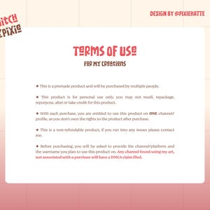 Op de afbeelding: Een wit document met rode tekst met de "GEBRUIKSVOORWAARDEN" en "VOOR MIJN CREATIES". Het beschrijft de gebruiksvoorwaarden voor een kant-en-klaar product, inclusief alleen persoonlijk gebruik en niet-restitueerbaarheid. Ontwerp door @PIXIEHATTE.