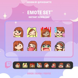 Pode incluir: Um conjunto de oito emotes animados do Twitch com um personagem de desenho animado de cabelo ruivo. Os emotes estão em várias poses e expressões, incluindo piscar de olhos, corar e segurar um coração. Os emotes são projetados em um estilo fofo e brincalhão. O texto "EMOTE SET" e "INSTANT DOWNLOAD" é exibido acima dos emotes.