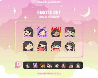 Cute Black Hair Girl Emote Set / Twitch / Discord / Streamer / Cute / Chibi