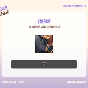 May include: Digital emote design for Twitch, featuring a character with blonde hair and a black outfit. The image text reads "Emote" and "RE REQUIEM LEONS' ARMS EMOTE". Design by @PIXIEHATTE. Instant download available.