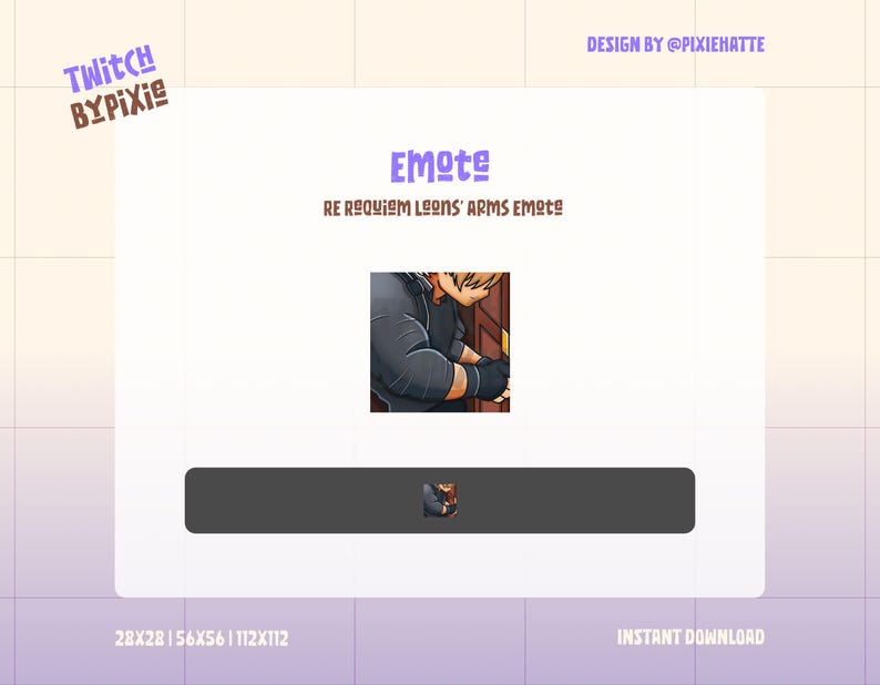 Op de afbeelding: Digitaal emote-ontwerp voor Twitch, met een personage met blond haar en een zwarte outfit. De tekst op de afbeelding luidt "Emote" en "RE REQUIEM LEONS' ARMS EMOTE". Ontwerp door @PIXIEHATTE. Direct downloaden beschikbaar.