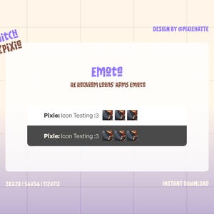 Op de afbeelding: Digitaal ontwerp voor Twitch-emotes. Het ontwerp bevat de tekst "Emote" en "RE REQUIEM LOONS ARMS EMOte". De afbeelding bevat ook een reeks kleine pictogramtests. Het ontwerp is van @PIXIEHATTE en is een direct download.