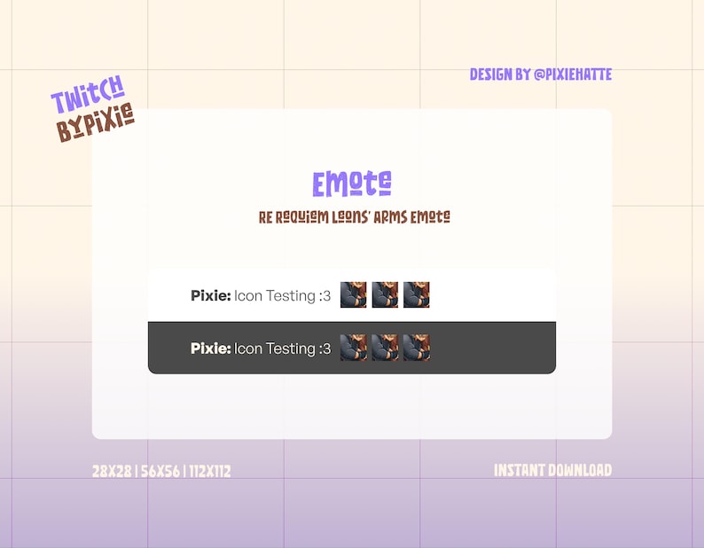 Op de afbeelding: Digitaal ontwerp voor Twitch-emotes. Het ontwerp bevat de tekst "Emote" en "RE REQUIEM LOONS ARMS EMOte". De afbeelding bevat ook een reeks kleine pictogramtests. Het ontwerp is van @PIXIEHATTE en is een direct download.