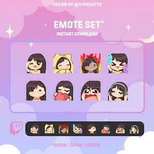Cute Brunette Girl Emote Set / Twitch / Discord / Streamer / Cute / Chibi