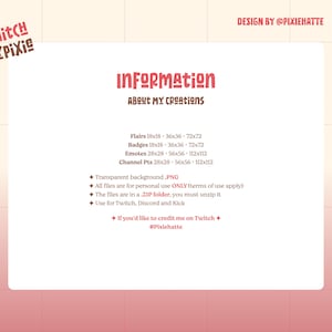 Op de afbeelding: Een digitaal kunstontwerp met de tekst "TWITCH BYPIXIE" in de linkerbovenhoek en "DESIGN BY @PIXIEHATTE" in de rechterbovenhoek. De centrale tekst luidt "INFORMATION ABOUT MY CREATIONS" met details over flairs, badges, emotes en kanaalpunten.
