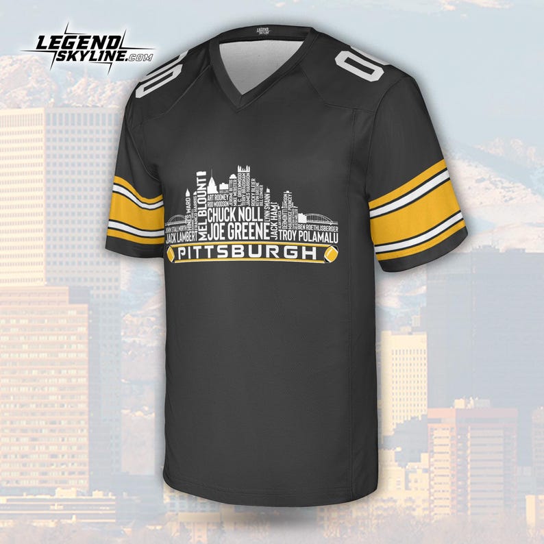 May include: Black football jersey with gold and white accents. The jersey features a V-neck and the number "0" on the shoulders. The front displays a white skyline graphic with the word "Pittsburgh" and player names.