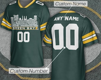 Green Bay Custom Football Jersey Greatest Of All Time Team Legends, Green Bay City Skyline Shirt, Personalized Embroidery Name Number