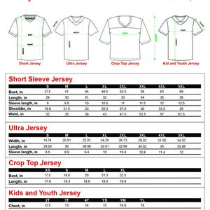 May include: Size chart for all-over print jerseys, including short sleeve, ultra, crop top, and kids/youth styles. Measurements are provided in inches for bust, length, sleeve length, shoulder, and waist. Includes sizes from XS to 5XL.