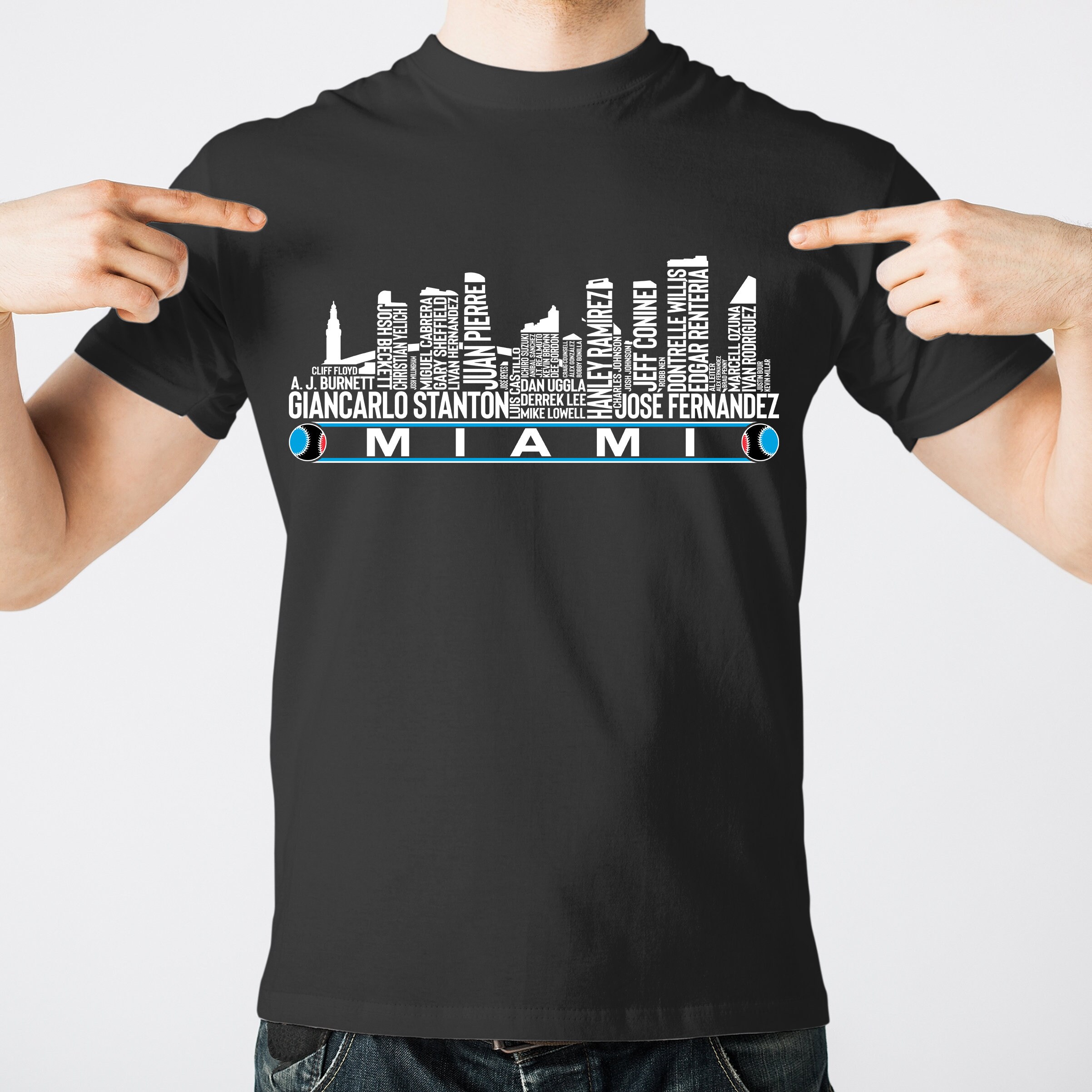 NEW!! Miami Marlins Baseball Team All Time Legends, Miami City Skyline  T-Shirt