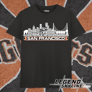 Las leyendas del equipo de béisbol de San Francisco de todos los tiempos, camiseta con el horizonte de la ciudad de San Francisco