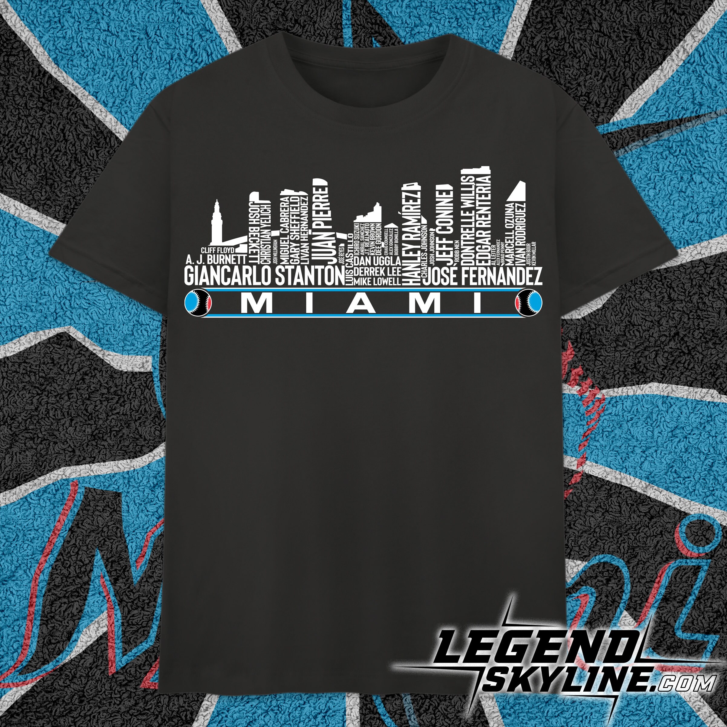 NEW!! Miami Marlins Baseball Team All Time Legends, Miami City Skyline  T-Shirt