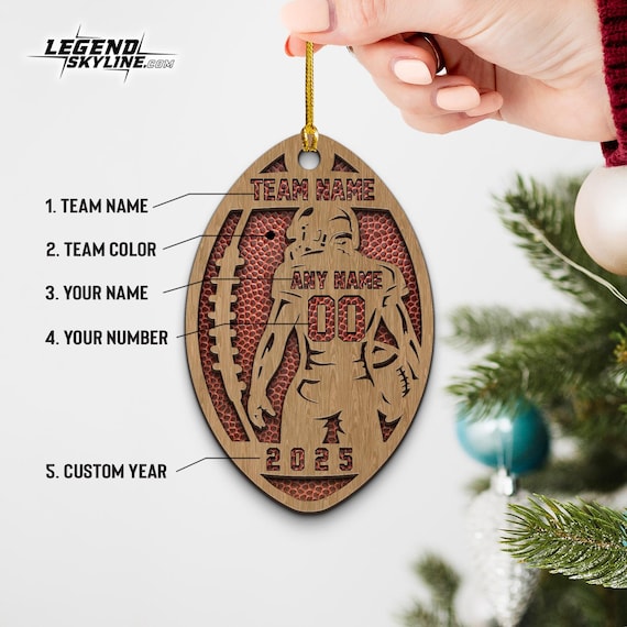 Personalized Wooden Christmas Decoration - Football Ornament Custom 2025 - Number and Year Custom Wooden Team Gift with Engraved Name