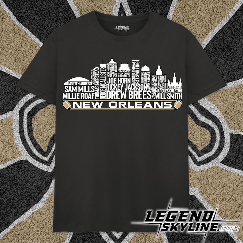 New Orleans Football Team All Time Legends, New Orleans City Skyline shirt image 1