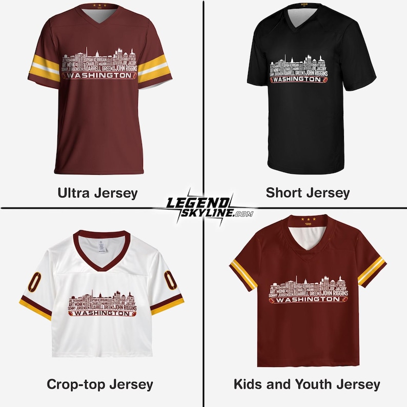 Peut inclure: Quatre maillots diff&eacute;rents sont pr&eacute;sent&eacute;s, chacun avec un col en V et le mot "WASHINGTON" dans une police stylis&eacute;e. Les maillots sont de couleur bordeaux, noire et blanche, avec des accents dor&eacute;s et blancs. Le texte "LEGEND SKYLINE.COM" est &eacute;galement visible.