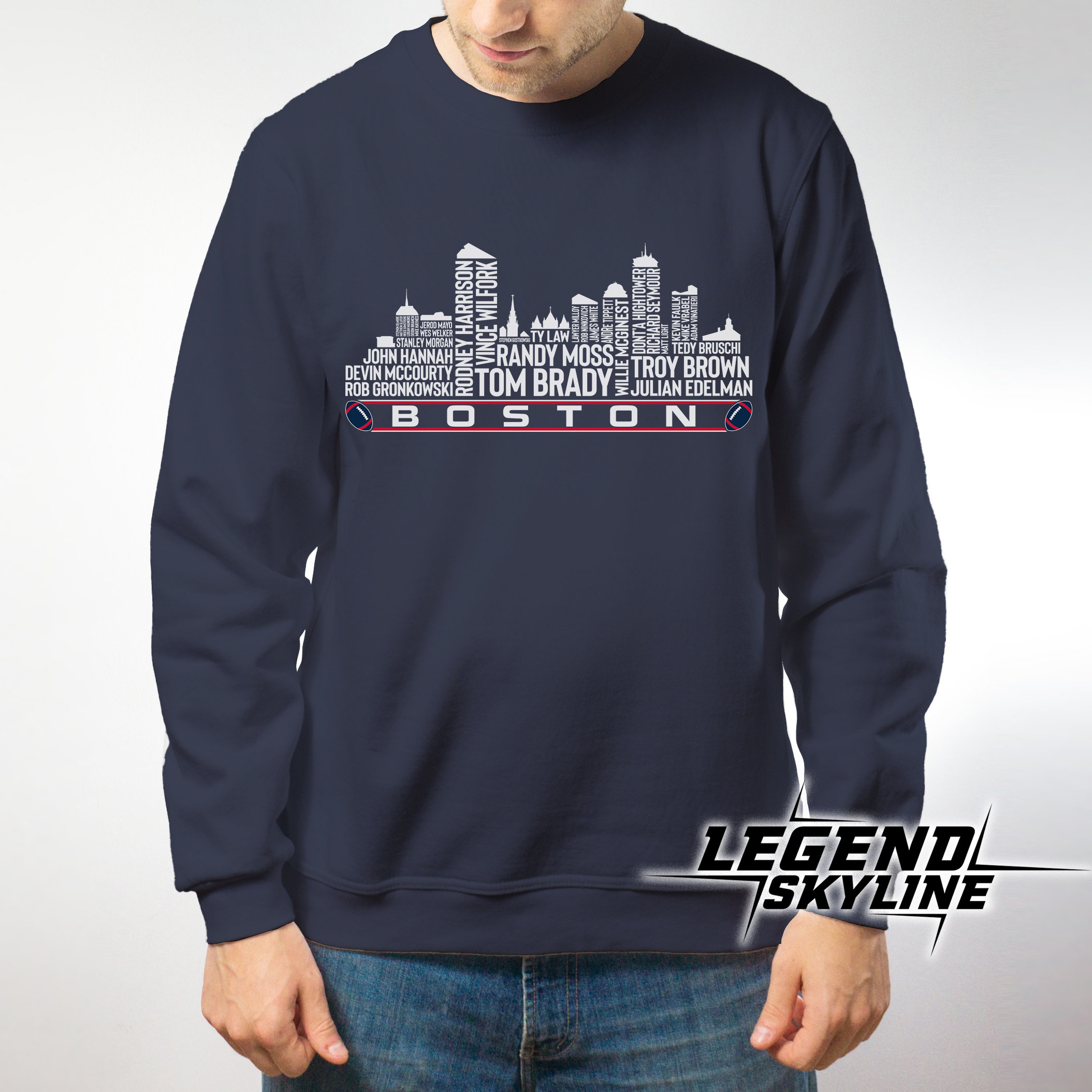 Boston City Skyline Baseball T-Shirt - Navy, 2XL, 100% Cotton Fan Shirt - View #4