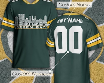 Maillot de football personnalisé Green Bay, légende de l'équipe la plus grande de tous les temps, maillot Green Bay City Skyline, numéro de nom brodé personnalisé