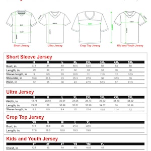 Peut inclure: Tableau des tailles pour les maillots &agrave; imprim&eacute; int&eacute;gral, y compris les manches courtes, ultra, crop top et styles enfants. Les mesures sont fournies en pouces pour le buste, la longueur, la longueur des manches, les &eacute;paules et la taille. Tailles de XS &agrave; 5XL.