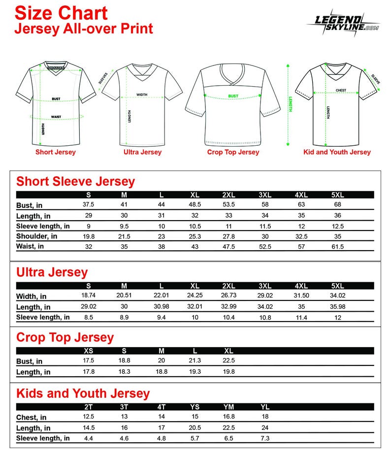 Peut inclure: Tableau des tailles pour les maillots &agrave; imprim&eacute; int&eacute;gral, y compris les manches courtes, ultra, crop top et styles enfants. Les mesures sont fournies en pouces pour le buste, la longueur, la longueur des manches, les &eacute;paules et la taille. Tailles de XS &agrave; 5XL.