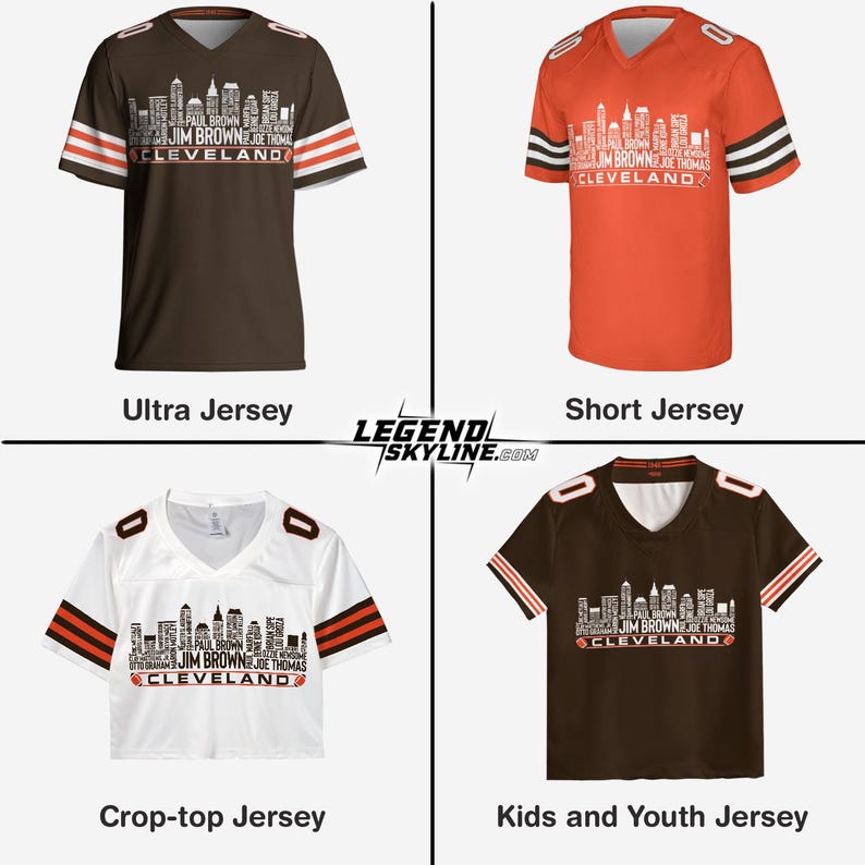 以下が含まれることがあります： 4種類のクリーブランドフットボールジャージが表示されています。ジャージは茶色、オレンジ色、白、茶色です。各ジャージには、「Jim Brown」と「Joe Thomas」の名前と「Cleveland」という言葉が入ったスカイライングラフィックが描かれています。ジャージには「Ultra Jersey」、「Short Jersey」、「Crop-top Jersey」、「Kids and Youth Jersey」とラベルが付けられています。