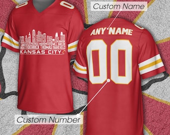 Camiseta de fútbol personalizada de Kansas, leyendas del equipo más grande de todos los tiempos, camiseta Kansas City Skyline, nombre y número bordados personalizados.