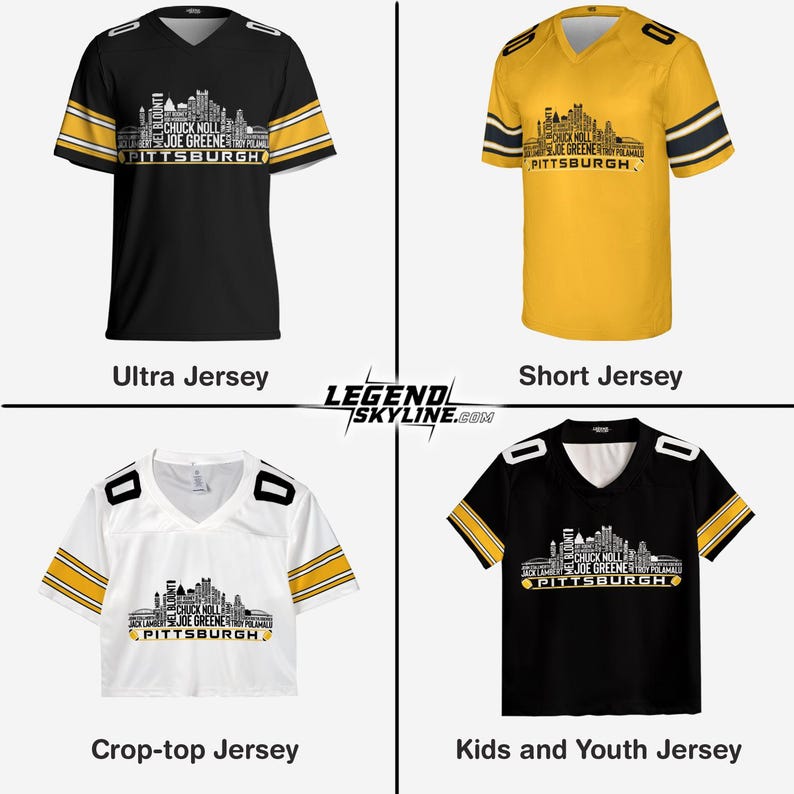 May include: Four different jerseys are displayed, each with a V-neck and the word "Pittsburgh" and player names. The jerseys are black, gold, white, and black. The sleeves have yellow and white stripes. The image includes the text "Ultra Jersey", "Short Jersey", "Crop-top Jersey", and "Kids and Youth Jersey".