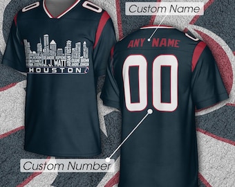 Camiseta personalizada de fútbol americano de Houston, con las leyendas del mejor equipo de todos los tiempos, el horizonte de la ciudad de Houston y bordado personalizado con nombre y número.