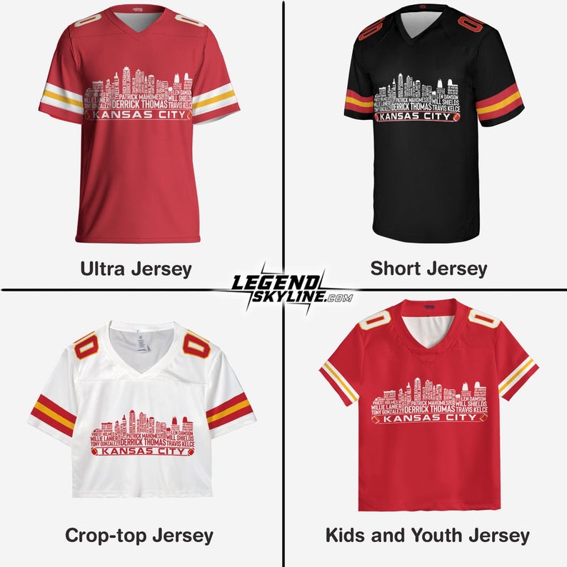 Puede incluir: Se muestran cuatro camisetas diferentes, cada una con un dise&ntilde;o del horizonte de Kansas City. Las camisetas son rojas, negras y blancas, con rayas amarillas y blancas en las mangas. El texto "KANSAS CITY" es visible en cada camiseta.