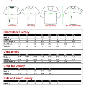 Puede incluir: Tabla de tallas para camisetas con estampado integral, incluyendo estilos de manga corta, ultra, crop top y para ni&ntilde;os/j&oacute;venes. Medidas en pulgadas, con conversiones a cm. Tallas de XS a 5XL, con detalles de pecho, largo y manga.