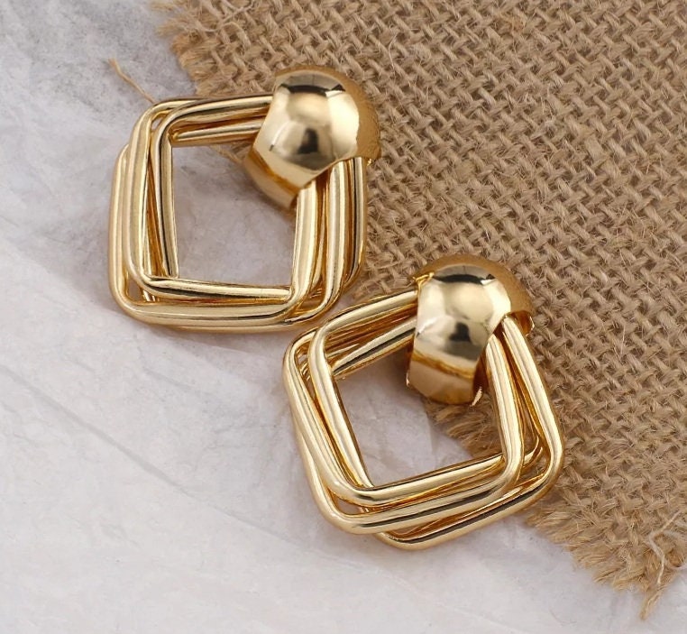 Gold Square Earrings, Geometric Earrings, Stylish Earrings, Gold Drop ...