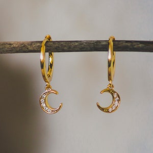 Hypoallergenic Huggie Earrings Moon Charm Hoops | 18k Gold Plated 925 Sterling Silver Crystal Drop | Moon Tiny Dainty Allergy Free Jewellery
