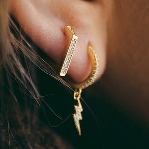 Hypoallergenic Huggie Earrings | 18k Gold Plated 925 Sterling Silver Crystal Drop | Gold Hoop + Lightning Charm Huggy | Gemstone Jewellery