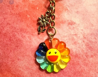 90s Keychain, Rainbow Flower, Rainbow Keyring, Daisy Keyring, Y2k Zipper Pull, Retro Keychain, Smiley Face, Girly Gift, Funky Keyring