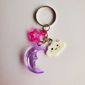 Moon Star Cloud Keychain, Cute Sky Keyring, Pink Star, Purple Moon, Smiley Face Cloud, Adorable Zipper Pull, Girly Backpack Charm, Cute Star