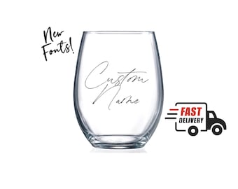Etched Custom Wine Glass, Custom Wine Glass, Name Wine Cup, Stemless Wine Glass, Bridal Gift, Wine Christmas Gift, Personalized Wine, Wine