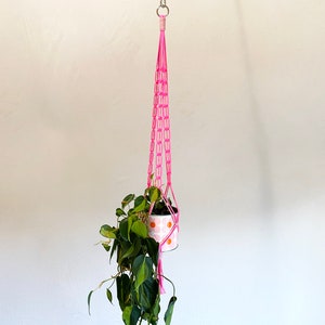 May include: Pink macrame plant hanger with a white and pink patterned pot and a green plant hanging from it.
