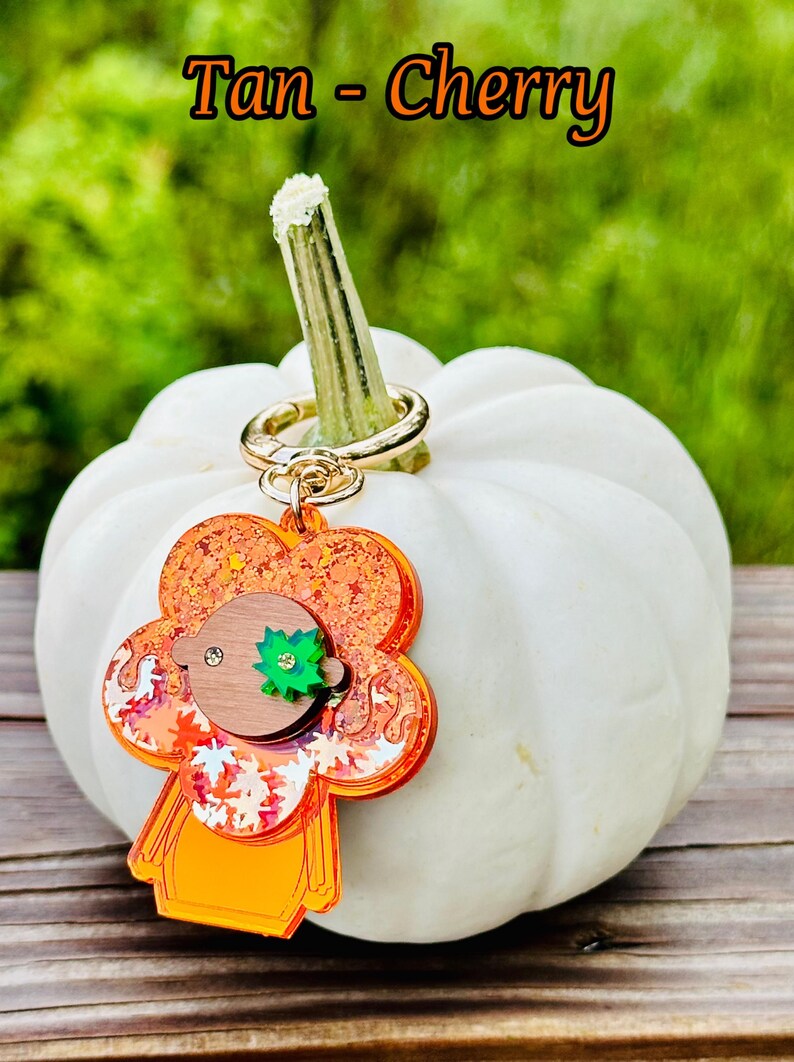 May include: A tan and cherry orange glitter pumpkin charm with a gold key ring attached to a white pumpkin. The charm has a brown face with a green leaf on top.
