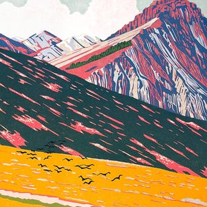 May include: A colorful landscape print featuring a mountain range with red, blue, and white hues. The foreground showcases a field of yellow flowers and a flock of birds. The artwork is printed on white paper.