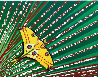 Comet Moth on Lanaria Fan Palm Tree Reduction Linocut Art Print
